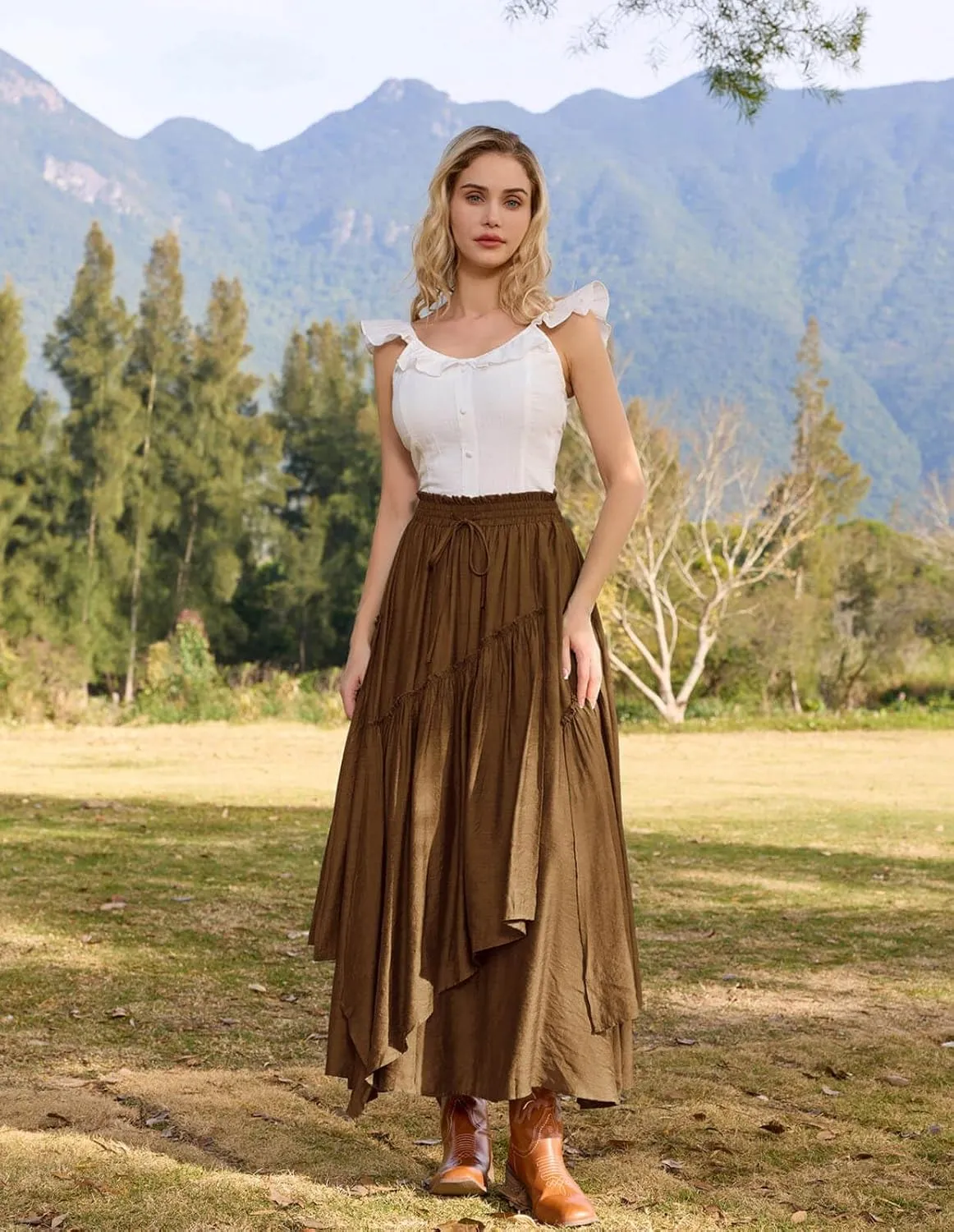 Scarlet Darkness Women Renaissance Layered Long Skirt Elastic High Waist Tiered Skirt with Pockets