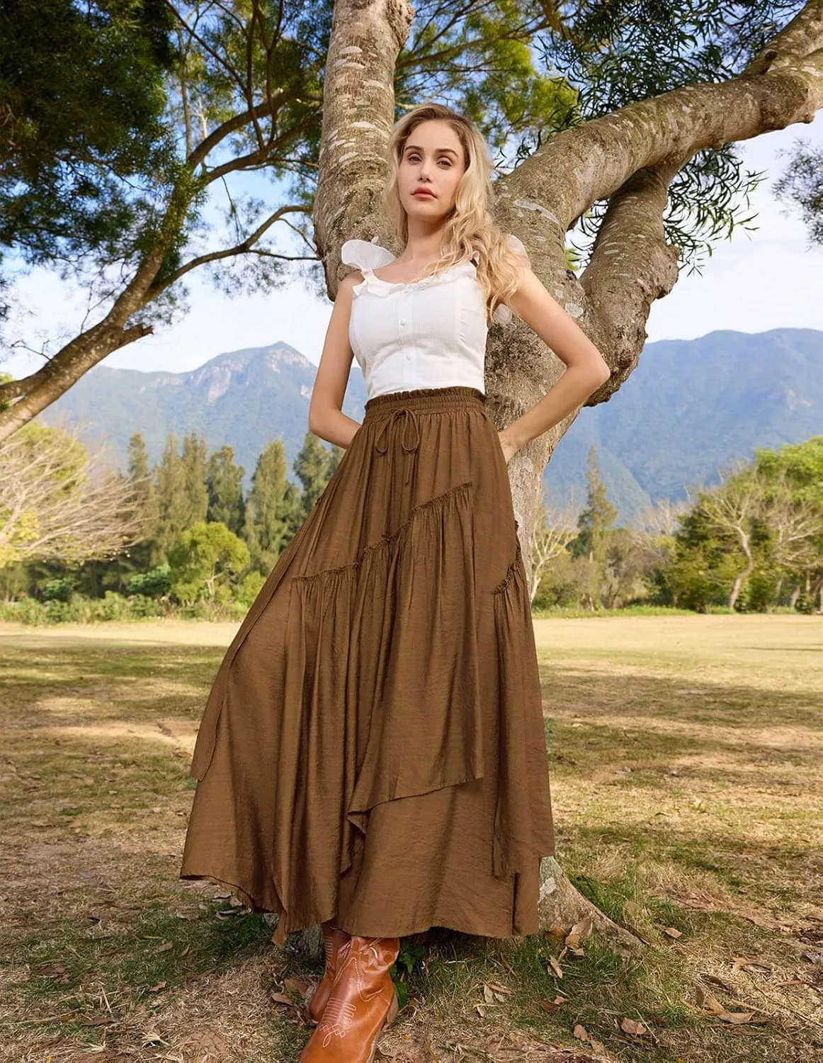 Scarlet Darkness Women Renaissance Layered Long Skirt Elastic High Waist Tiered Skirt with Pockets
