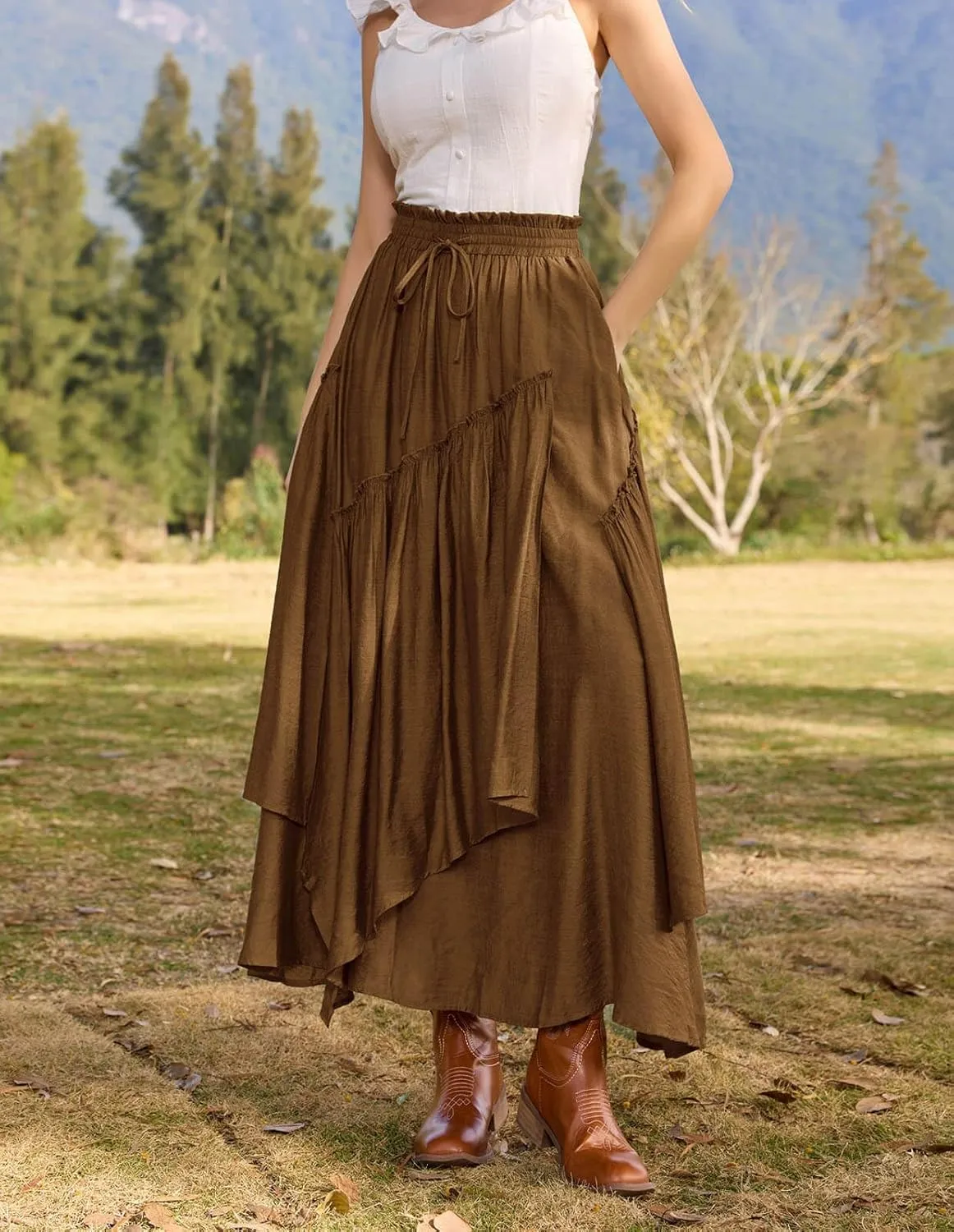 Scarlet Darkness Women Renaissance Layered Long Skirt Elastic High Waist Tiered Skirt with Pockets