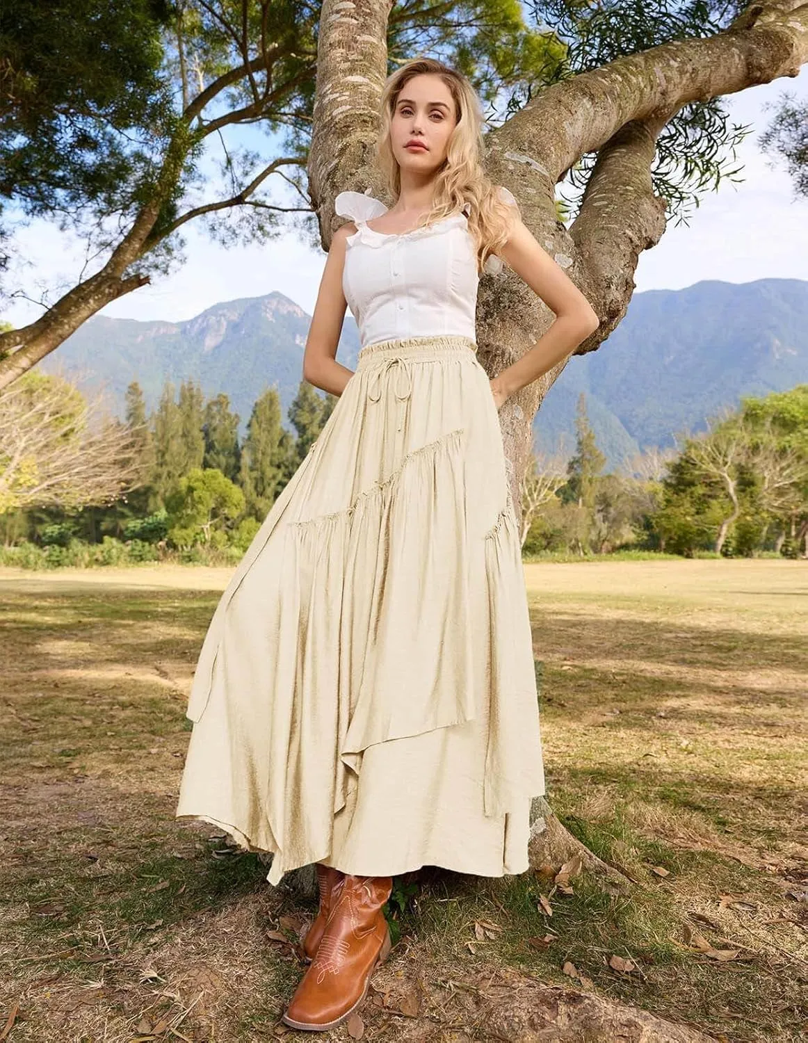 Scarlet Darkness Women Renaissance Layered Long Skirt Elastic High Waist Tiered Skirt with Pockets