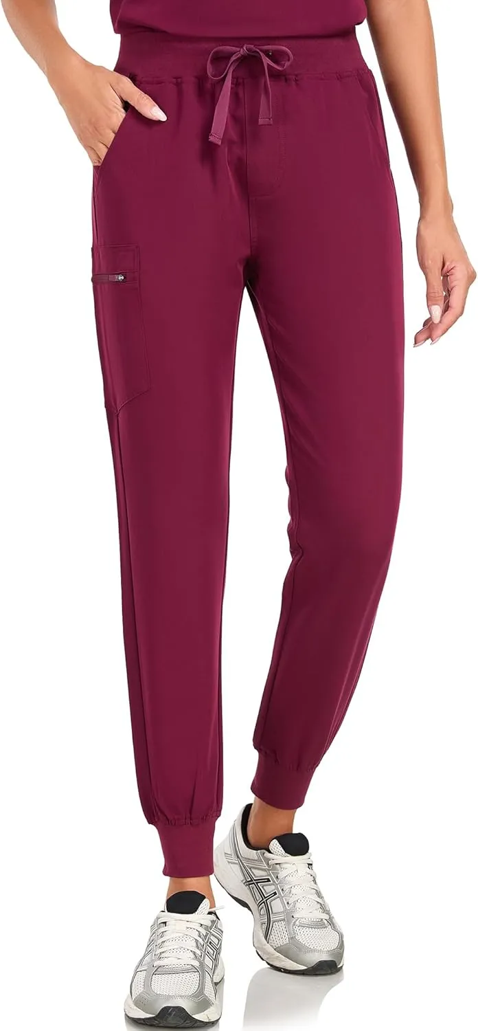 Scrub Pants for Women Four Way Stretch Joggers High Rise Zipper Cargo Pants with 5 Pockets