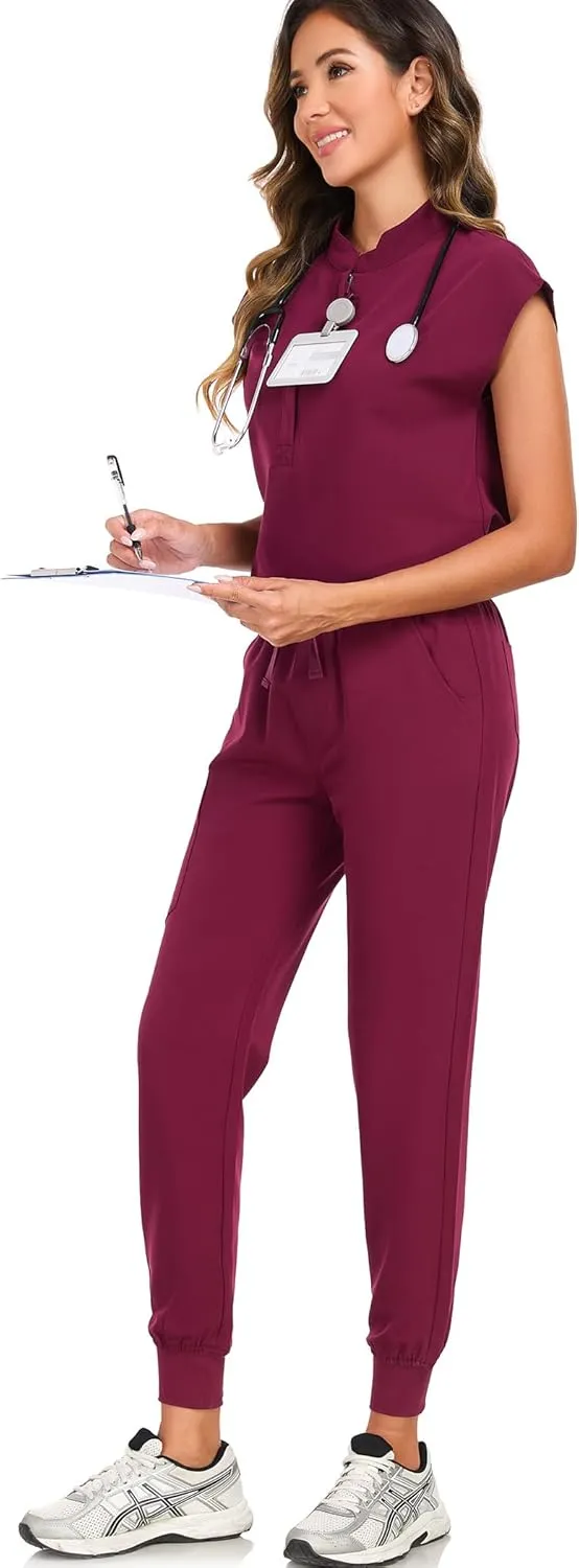 Scrub Pants for Women Four Way Stretch Joggers High Rise Zipper Cargo Pants with 5 Pockets