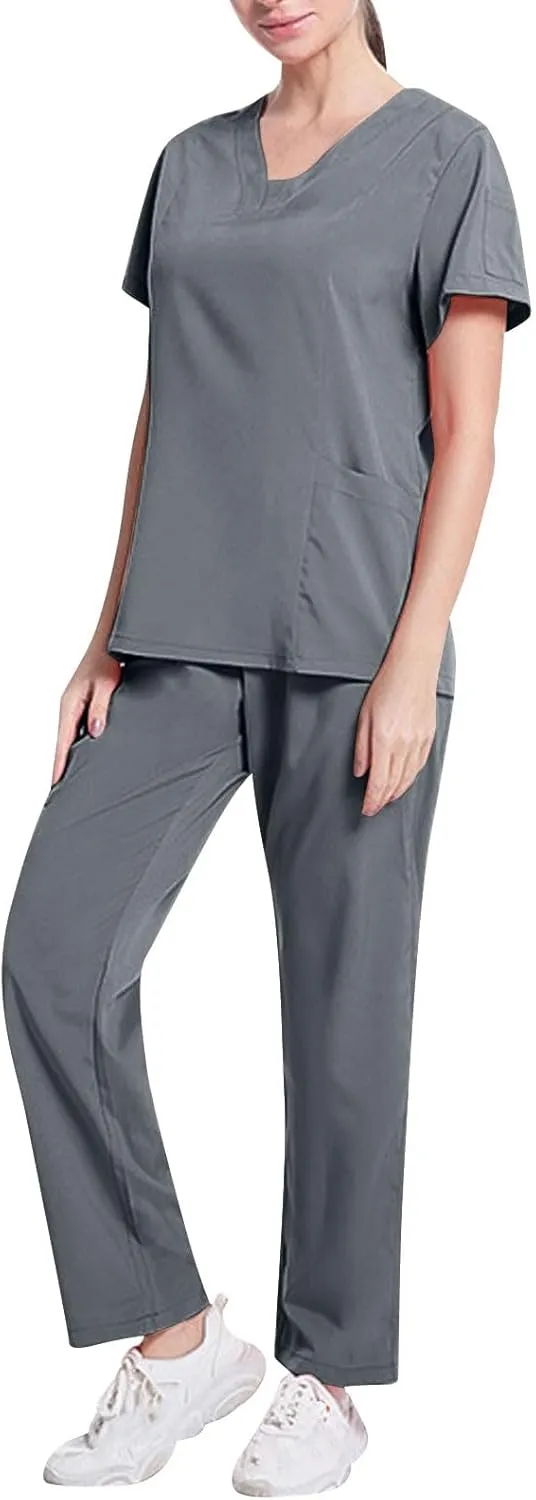 Scrubs Set for Women Nursing Uniforms Set V-Neck Top & Tapered Leg Jogger Pants Scrub Tops and Scrub Pants