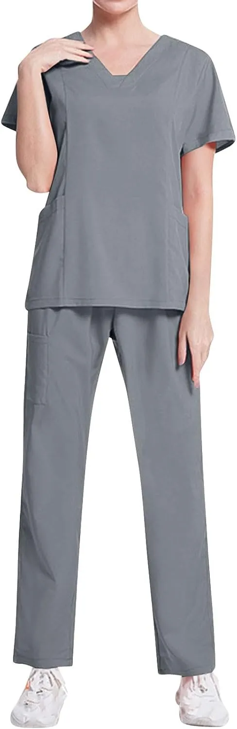 Scrubs Set for Women Nursing Uniforms Set V-Neck Top & Tapered Leg Jogger Pants Scrub Tops and Scrub Pants
