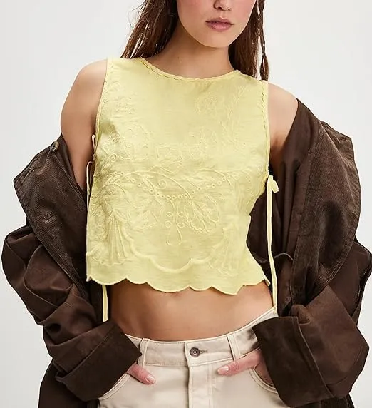 Tie Front Tank Tops Y2k Sleeveless Floral Embroidered Crop Vest Women Lace Up Summer Sexy Going Out Shirt