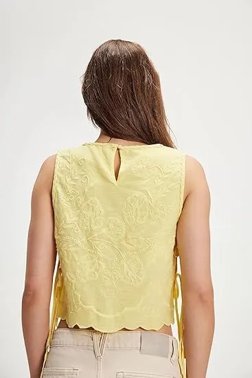 Tie Front Tank Tops Y2k Sleeveless Floral Embroidered Crop Vest Women Lace Up Summer Sexy Going Out Shirt