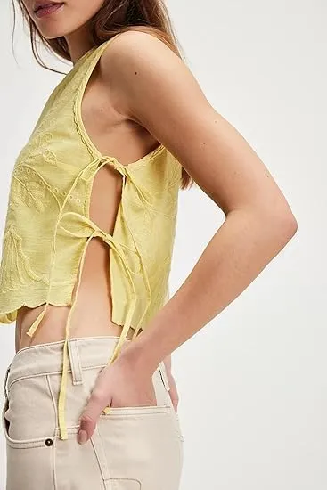 Tie Front Tank Tops Y2k Sleeveless Floral Embroidered Crop Vest Women Lace Up Summer Sexy Going Out Shirt