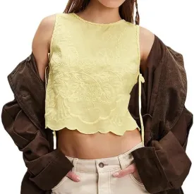Tie Front Tank Tops Y2k Sleeveless Floral Embroidered Crop Vest Women Lace Up Summer Sexy Going Out Shirt