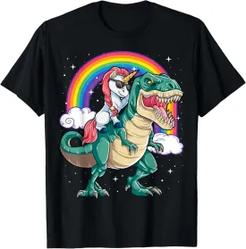 Unicorn Riding T rex Dinosaur Boys Girls Men Women Rainbow T-Shirt