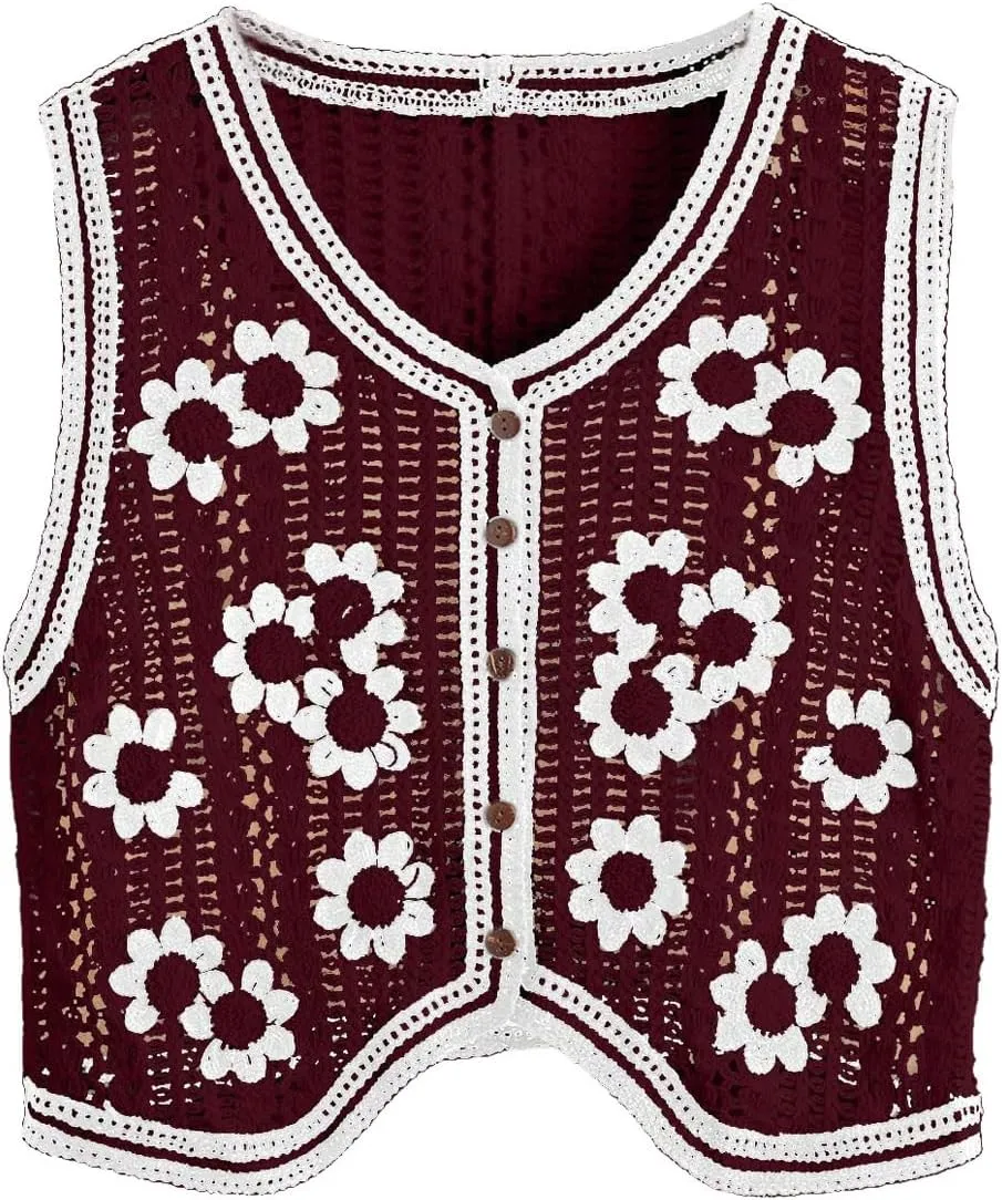 Verdusa Women's Button Front Sleeveless V Neck Crochet Embroidered Knit Sweater Short Vest