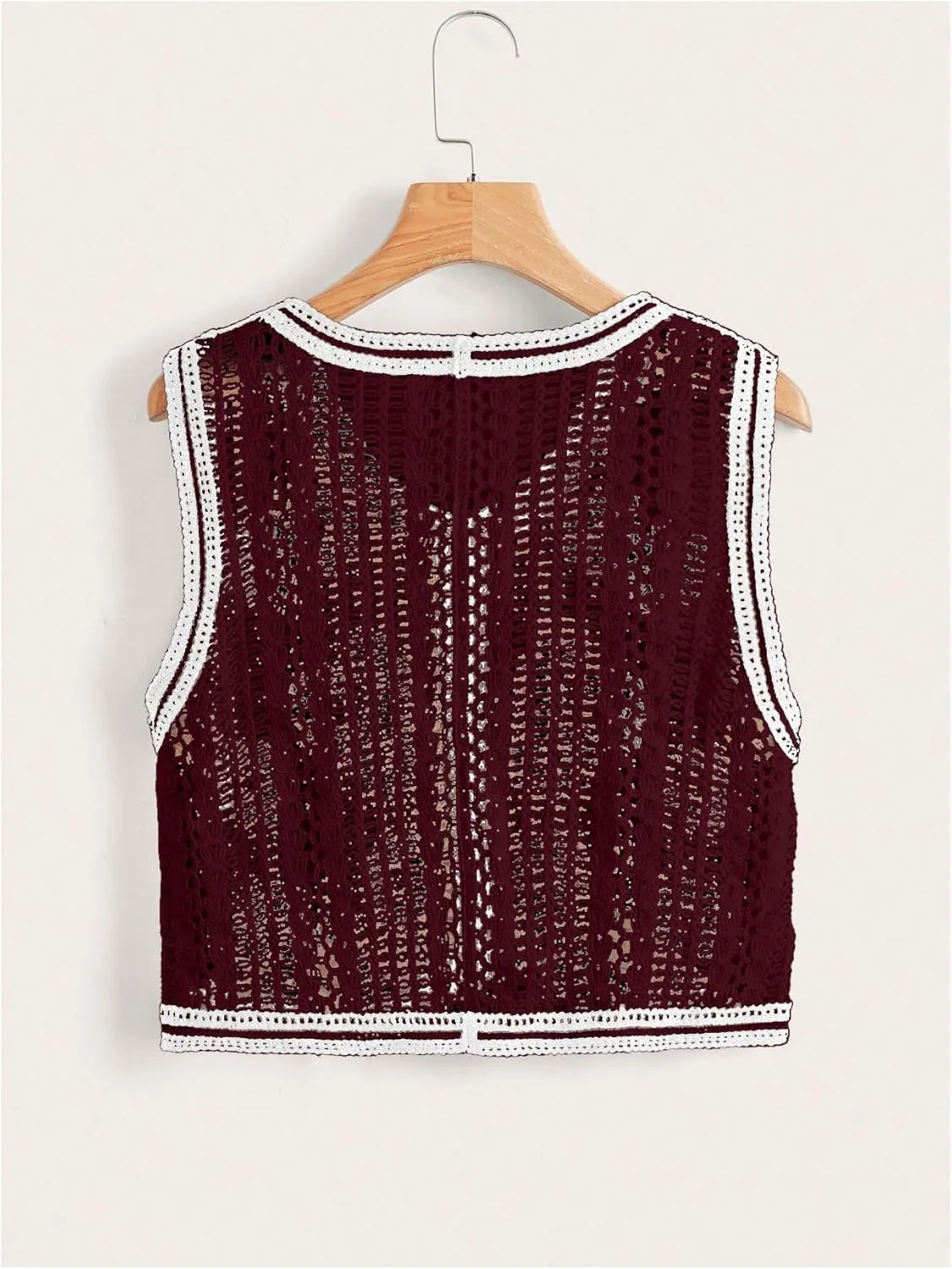 Verdusa Women's Button Front Sleeveless V Neck Crochet Embroidered Knit Sweater Short Vest