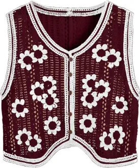 Verdusa Women's Button Front Sleeveless V Neck Crochet Embroidered Knit Sweater Short Vest