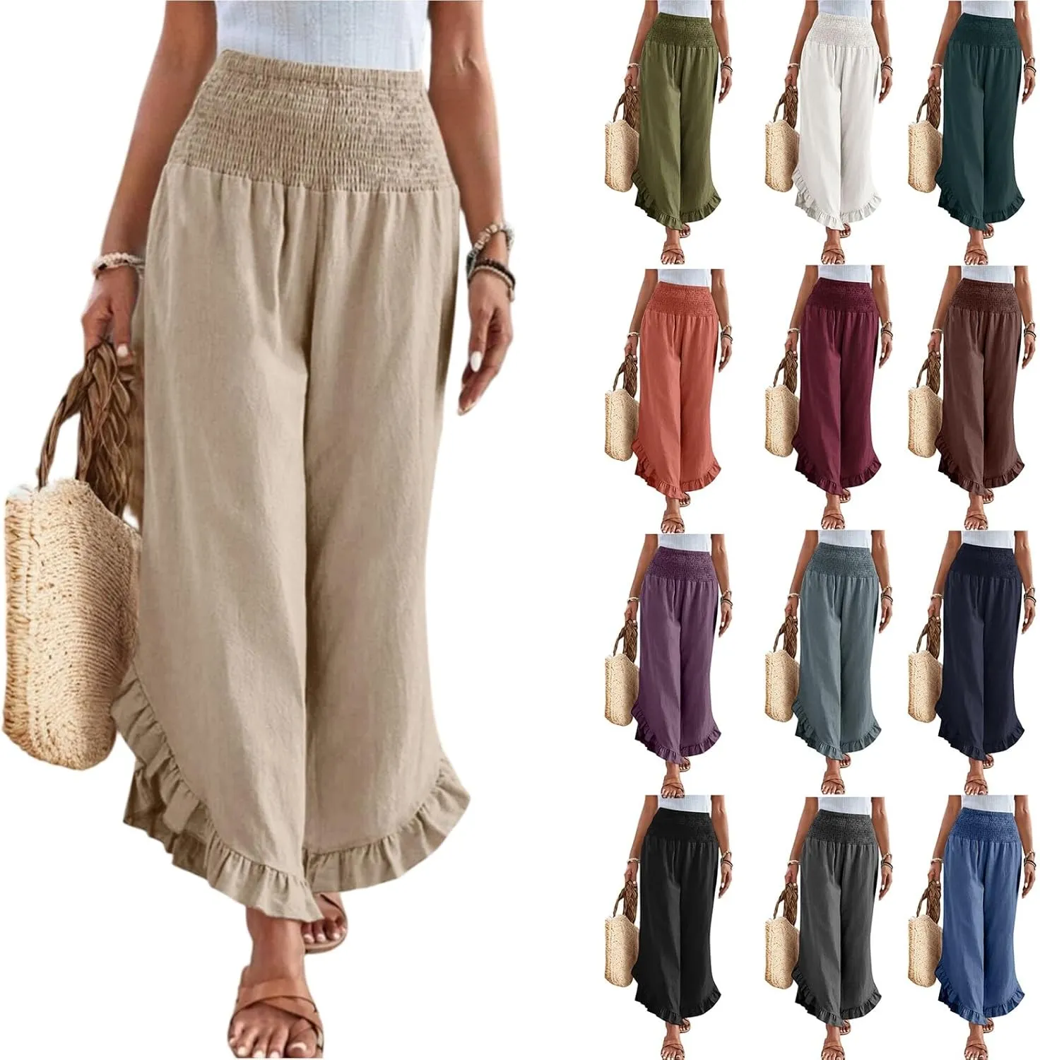 Women Linen Pants Wide Leg Smocked Waist Ruffle Hem Palazzo Pant Summer Boho Flowy Beach Trousers with Pockets