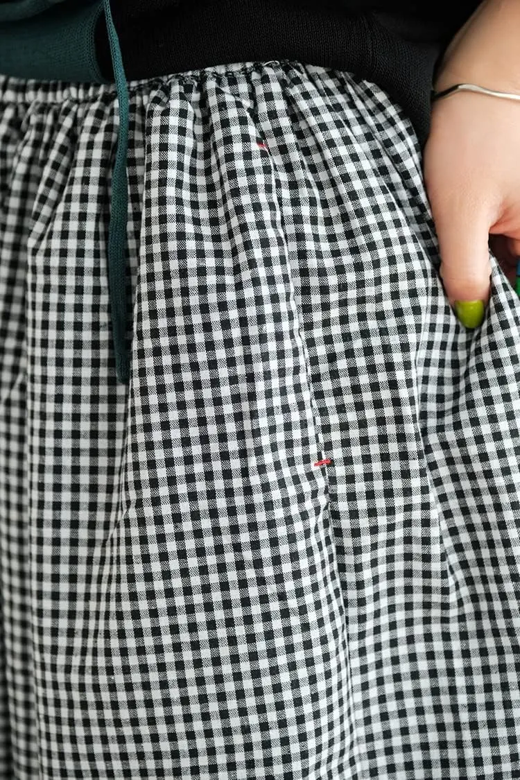 Women's Baggy Plaid Cotton Linen Pants Elastic Waist Gingham Wide Leg Palazzo Capri Pants
