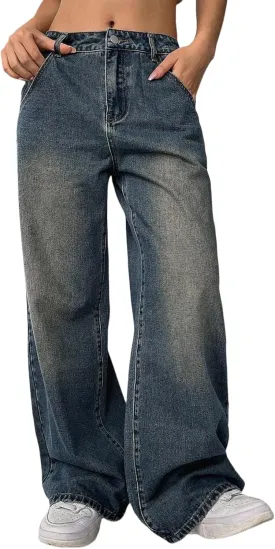 Women's High Waist Baggy Jeans 90s Grunge Boyfriend Wide Leg Denim | Y2K Vintage Loose Fit in Medium/Retro Dark Blue Wash