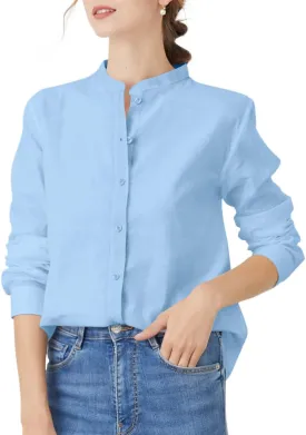 Women's Mandarin Collar Button-Down Shirts Casual Cotton Long Sleeve Blouses