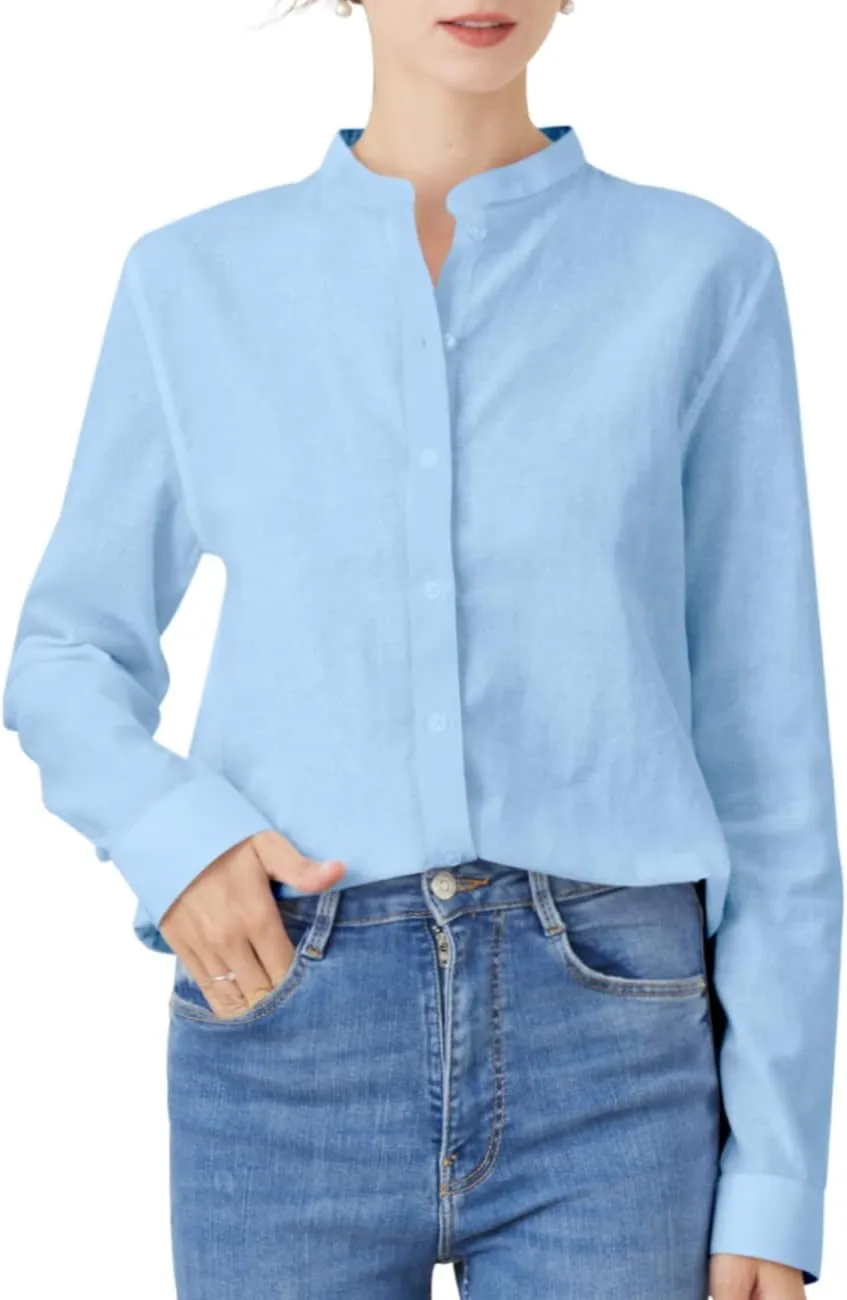 Women's Mandarin Collar Button-Down Shirts Casual Cotton Long Sleeve Blouses
