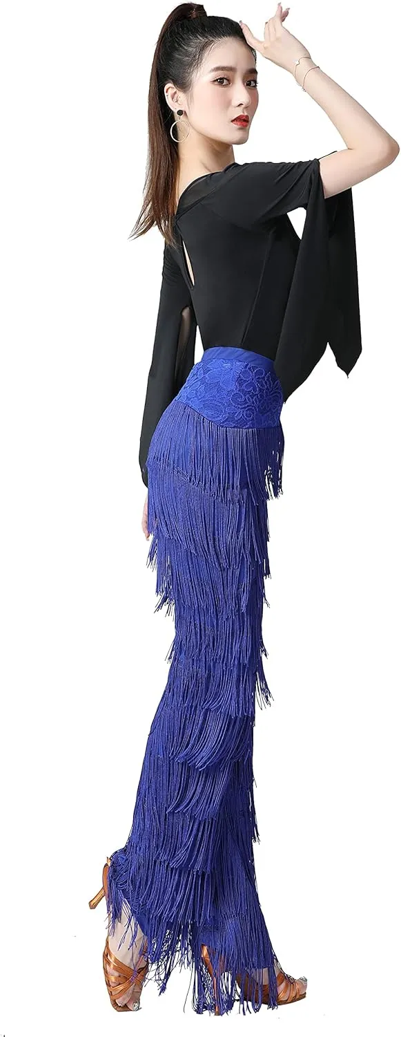 Women's Tassels Fringe Dance Pants Ballroom Latin Tango Salsa Practice Performance Dancing Costume Pants