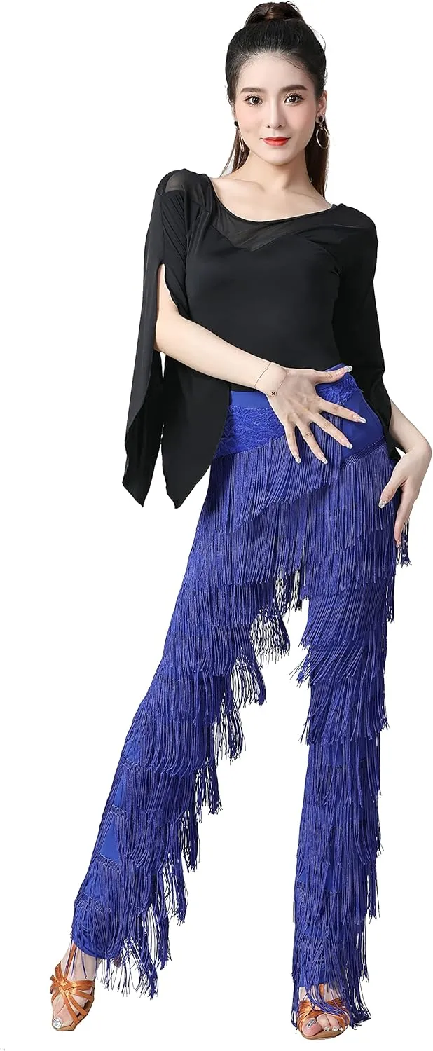 Women's Tassels Fringe Dance Pants Ballroom Latin Tango Salsa Practice Performance Dancing Costume Pants