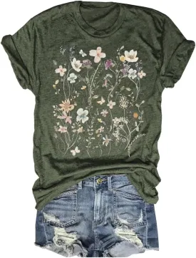 Women's Vintage Flowers Shirt Casual Boho Floral Printed T-Shirt Sunflower Wildflowers Graphic Tees Tops for Girl