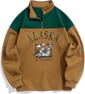 ZAFUL Men's Letters Embroidered Raglan Sleeve Quarter Zip Fleece Vintage Pullover Sweatshirt