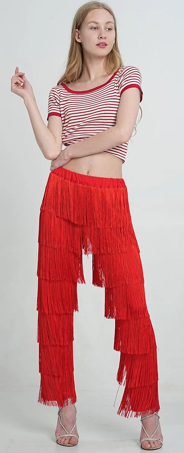 ZBH1985 Women's Latin Dance Pants Tassel Ballroom Dance Professional Black Adult Fringe Rumba Tango Salsa Practice Pants