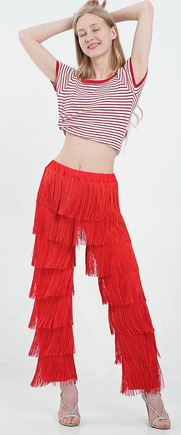 ZBH1985 Women's Latin Dance Pants Tassel Ballroom Dance Professional Black Adult Fringe Rumba Tango Salsa Practice Pants
